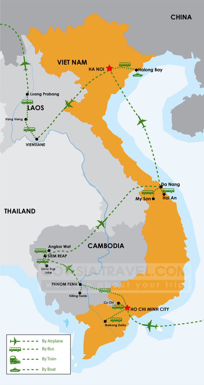 Tour map: 19 Days Vietnam, Cambodia & Laos